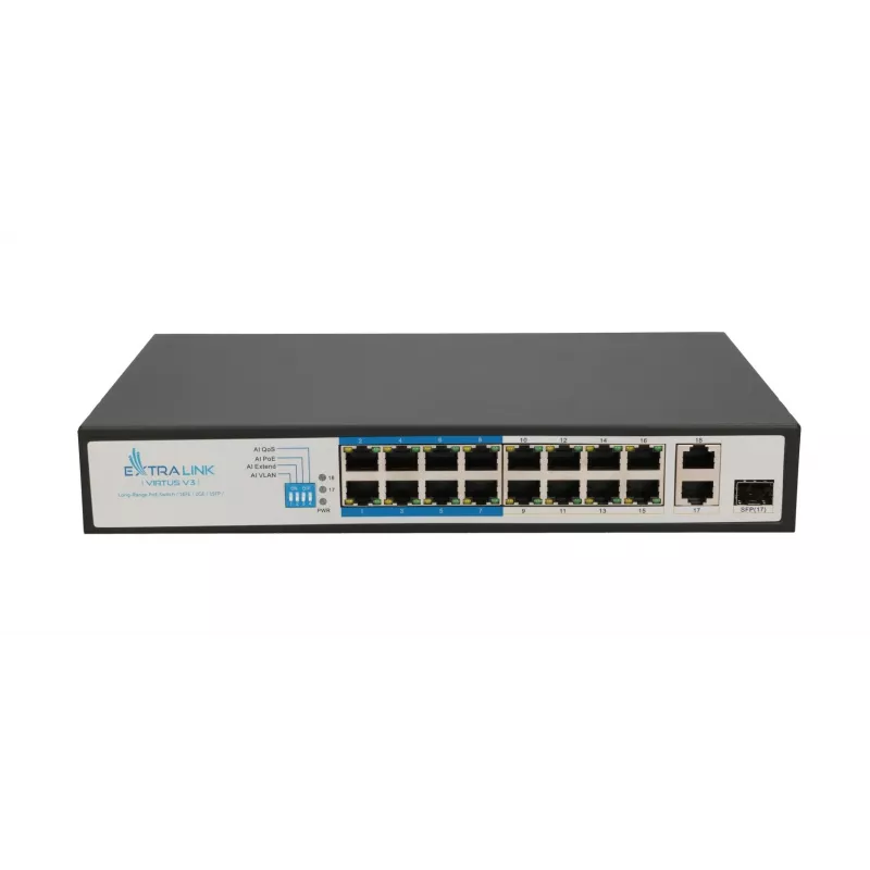 Switch Extralink VIRTUS V3 Unmanaged L2 16x Fast Ethernet (10/100) PoE 1U preto