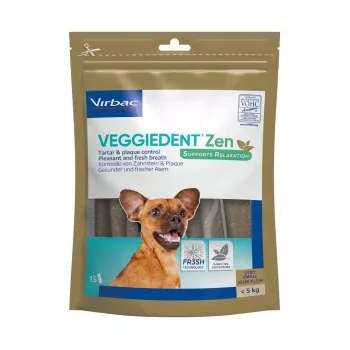 Sticks secos para higiene dentária de cães VIRBAC VEGGIEDENT ZEN XS x15 para cães pequenos, embalagem com 15 sticks