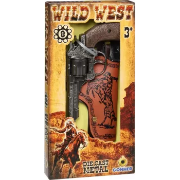 Revólver de cowboy de brinquedo em metal Pulio 155201/0 com coldre – um tiro, réplica, construção em metal
