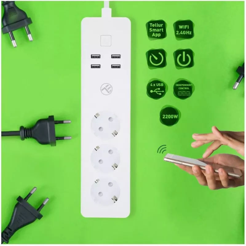 Régua de tomadas inteligente Tellur WiFi com 3 tomadas AC e 4 portas USB (4A)