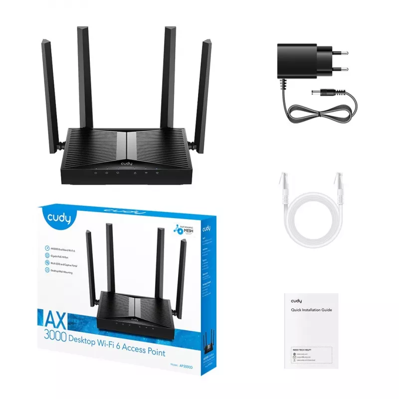 Ponto de acesso wireless Cudy AP3000D dual band 2,4/5 GHz, 2402 Mbps (5 GHz), 574 Mbps (2,4 GHz), 4 antenas externas, 1x LAN