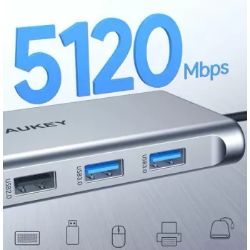 Hub USB-C Aukey CB-C89 10-em-1 com RJ45 1000Mbps, HDMI 4K, várias portas