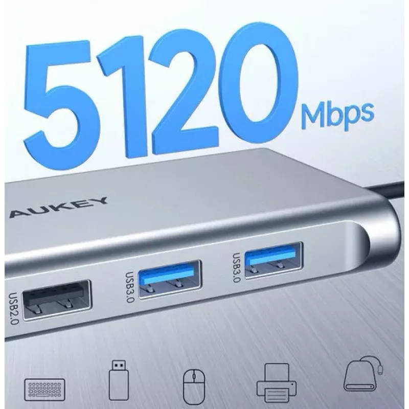 Hub USB-C Aukey CB-C89 10-em-1 com RJ45 1000Mbps, HDMI 4K, várias portas