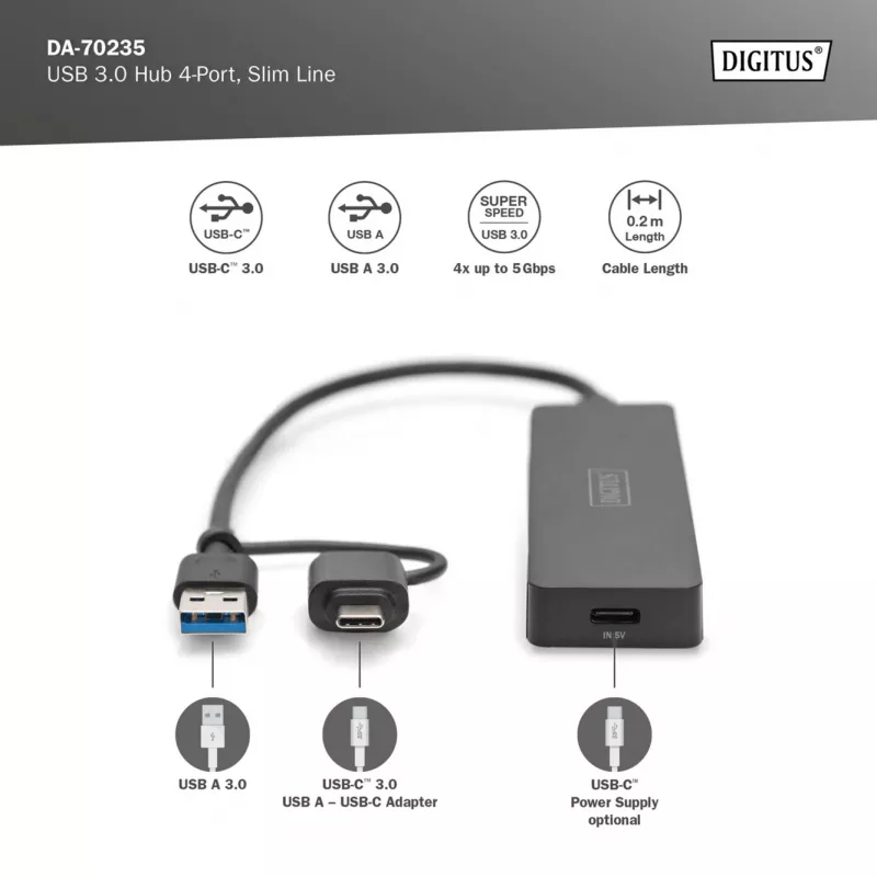 Hub USB, Digitus, DA-70235, 4 portas, USB 3.2 Gen 1, Type-A e Type-C, 12000 Mbit/s