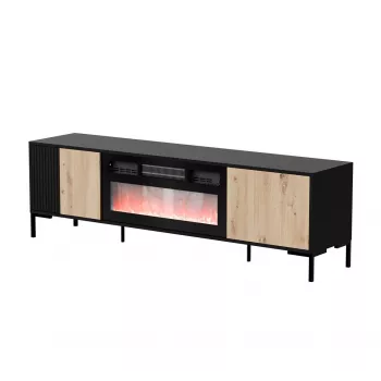 Móvel de TV cama meble MERCI com lareira, 180 x 40 x 53,5 cm, tampo preto, moldura em carvalho artesanal