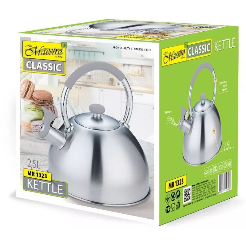 Chaleira Maestro MR-1323 — aço inoxidável, 2,5 L, apito com tampa rebatível, pega em silicone frio