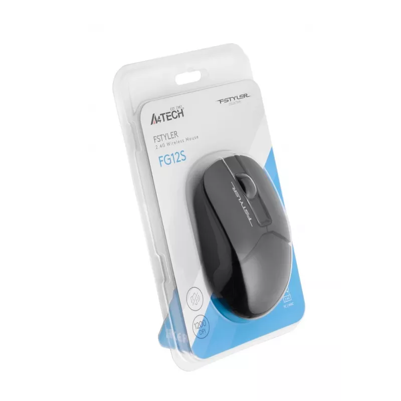 Rato ótico sem fios A4Tech FM12S Preto — 1200 dpi, recetor RF Nano, 3 botões, pilha AA