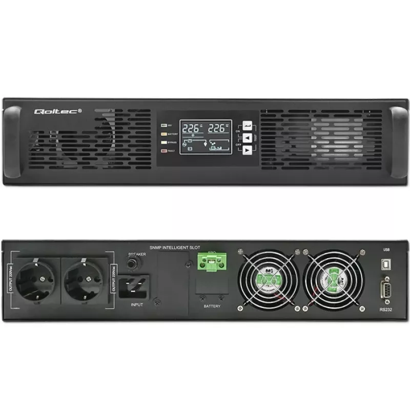 UPS Qoltec AWARYJNY DO RACK 3KVA 3000W fator de potência 1.0 LCD EPO USB on-LINE (3VA, 3000W, UPS online de dupla conversão), UPS