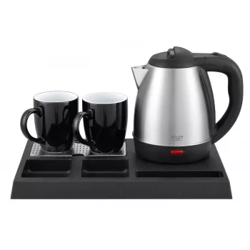 Adler AD 1354 chaleira de hotel em aço inoxidável 1,2 L + tabuleiro com chávenas preto, aço