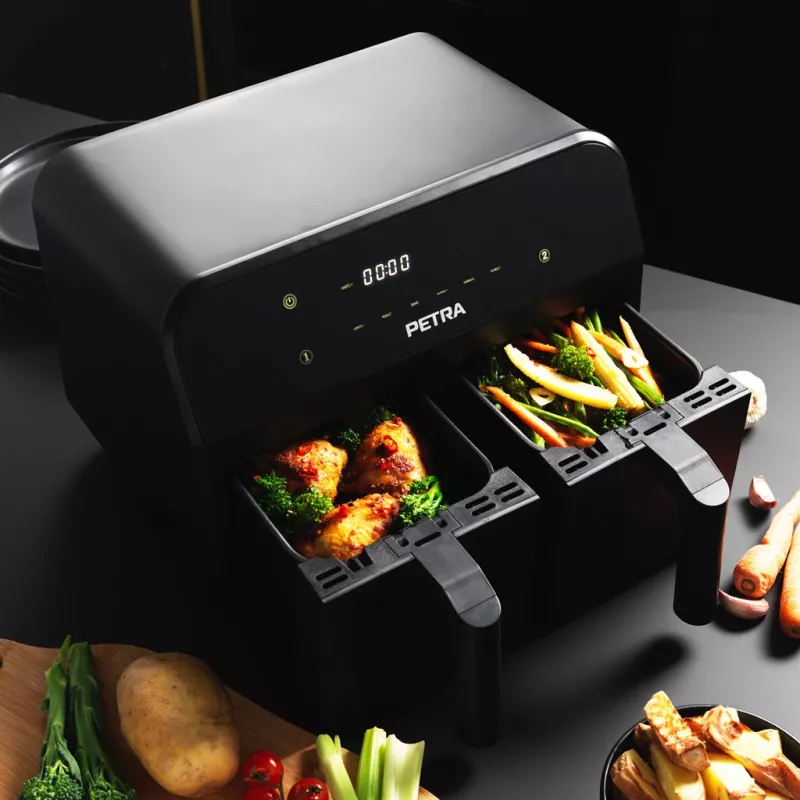 Fritadeira de ar quente Petra PT4750BLKVDEEU7, câmara dupla, capacidade 3,7 L, preta