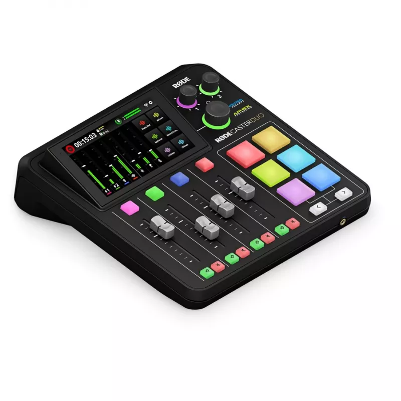 Controlador de estúdio RØDE Caster Duo preto — 2 Combo XLR/TRS, 2 saídas TRS Line, 48 kHz, 24-Bit, ecrã tátil, Wi‑Fi, Bluetooth