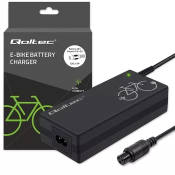 Carregador para bicicleta elétrica QOLTEC 36V–42V 2A com ficha GX12 de 3 pinos