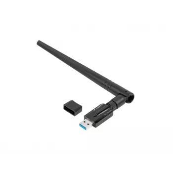 Placa de rede interna LANBERG NC-1200-WIE — adaptador USB Wi-Fi dual band, RTL8812BU, até 1200 Mbit/s, antenas externas 2x2 (5 dBi), preto