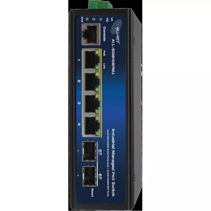 Switch PoE industrial ALLNET ALL-SGI8106PMJ-BT — 6 portas (4 PoE+), caixa metálica robusta