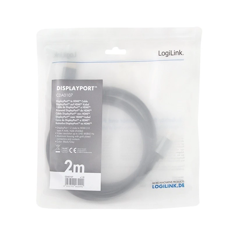 Adaptador de cabo de vídeo LogiLink CDA0107 2 m DisplayPort HDMI preto cinzento