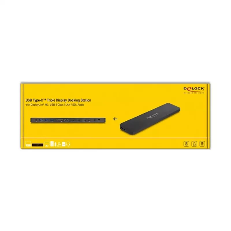 Estação de acoplamento DeLOCK USB Type-C Triple Display 4K USB 5 Gbps LAN SD áudio PD 80 W
