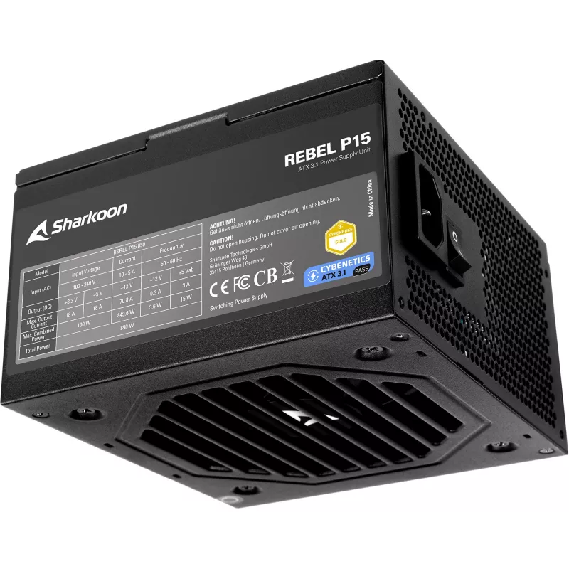 Rebel P15 850, fonte de alimentação para PC preta, 1x 12-Pin High Power GPU, 4x PCIe, gestão de cabos, 850 Watt