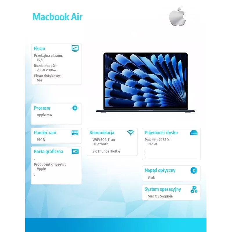 MacBook Air 15,3 polegadas: M4 10/10, 16 GB, 512 GB, 35 W – meia-noite – MW1L3ZE/A/D1