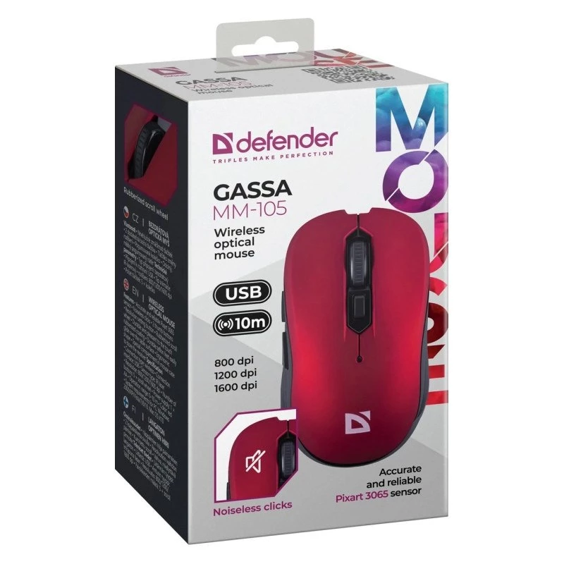 Rato sem fios RF silencioso DEFENDER Gassa MM-105 — ambidestro, 1600 DPI, 2,4 GHz, recetor nano USB