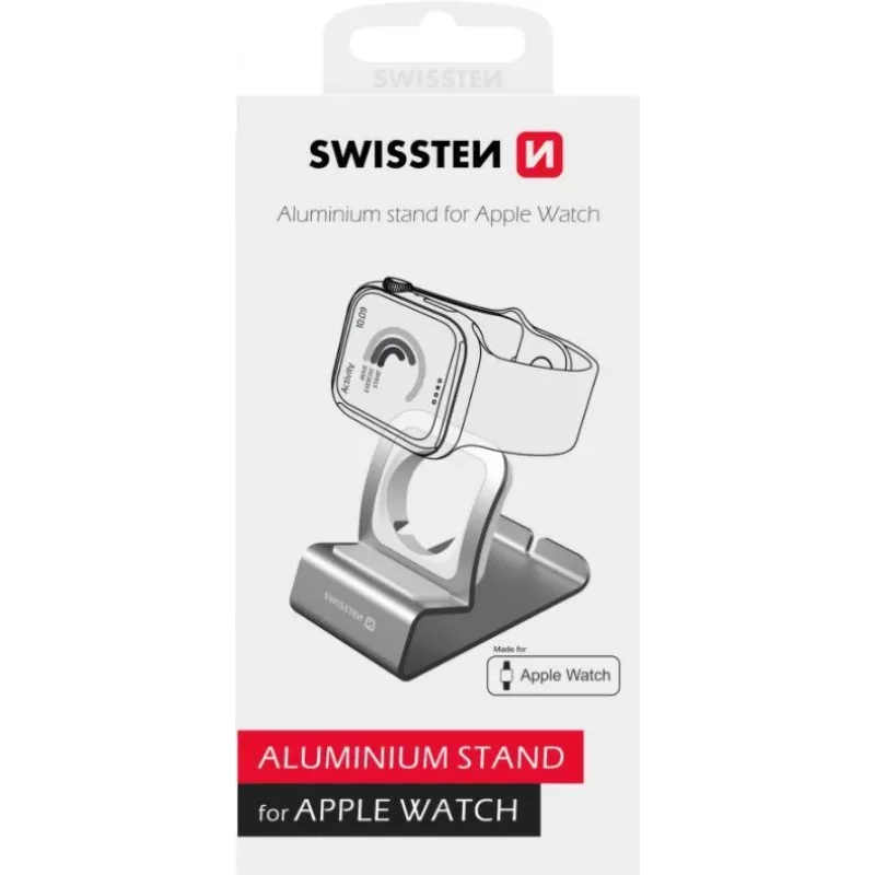 Suporte de alumínio SWISSTEN 25005100 para Apple Watch — suporte de carregamento compatível, prateado
