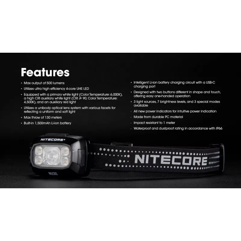 Lanterna de cabeça Nitecore NU30 — lanterna LED de cabeça compacta e portátil, até 500 lúmenes, vários níveis de potência, modo de luz vermelha