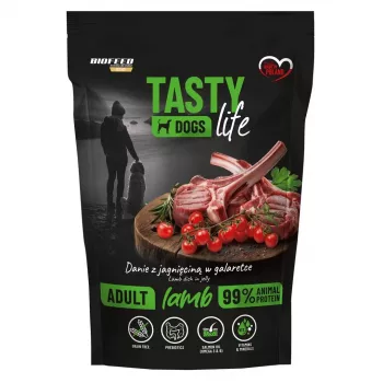 Ração húmida para cães BIOFEED Tasty Life cordeiro 90% 500 g saco para cães adultos, alimento completo, sem soja e sem açúcar