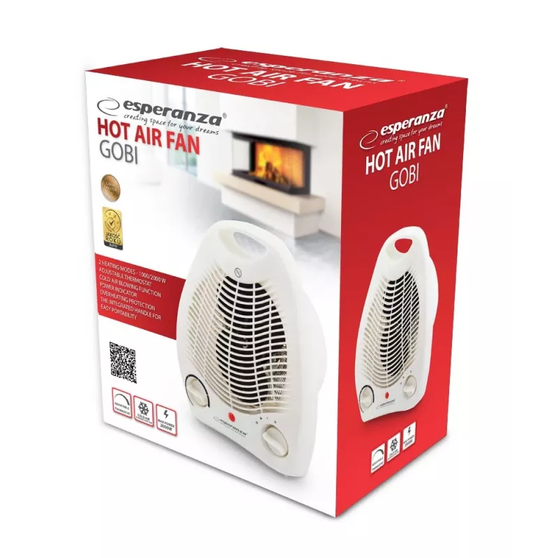 Aquecedor elétrico ESPERANZA EHH011 1000/2000 W, branco, termostato regulável, botão rotativo