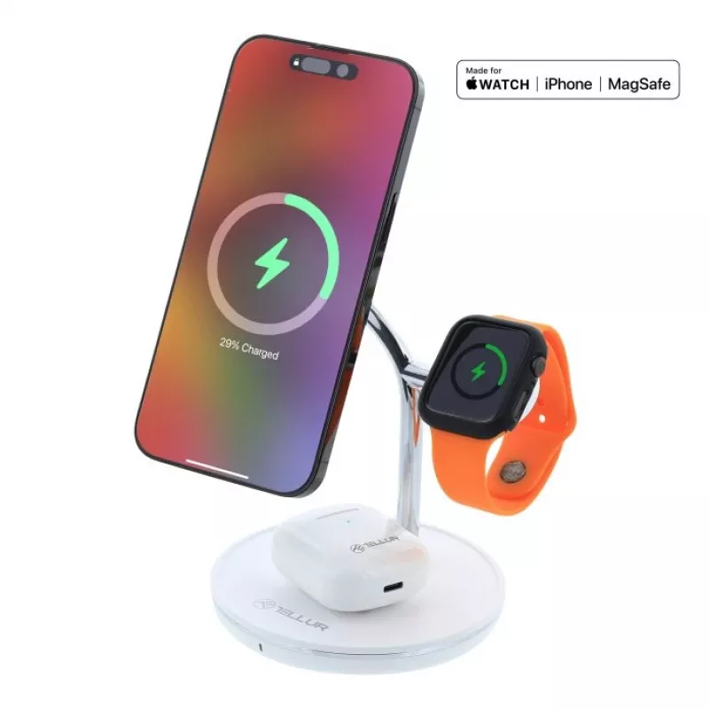 Carregador de mesa sem fios Tellur TLL151391 3em1 MagSafe carregamento rápido para smartphone, relógio e auscultadores