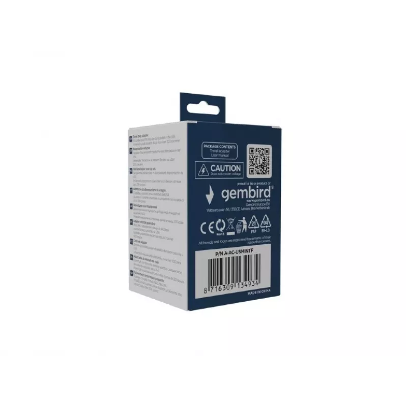 Adaptador de viagem GEMBIRD A-AC-USMINTF — universal para tomada dos EUA, 10 A