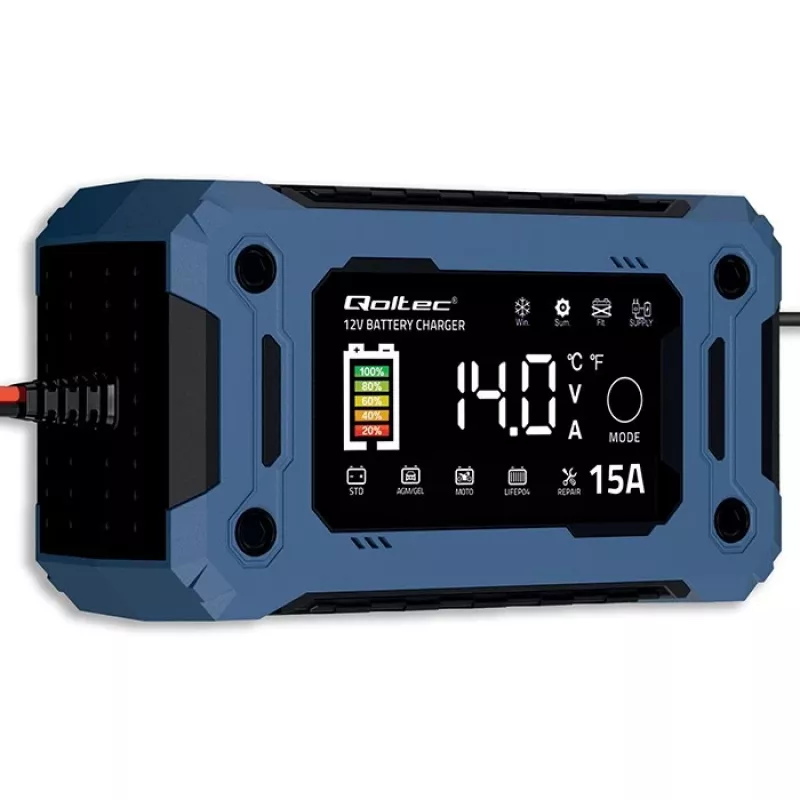 Carregador inteligente 12V 15A QOLTEC com microprocessador e LCD — para baterias AGM, GEL, SLA, EFB, LiFePO4
