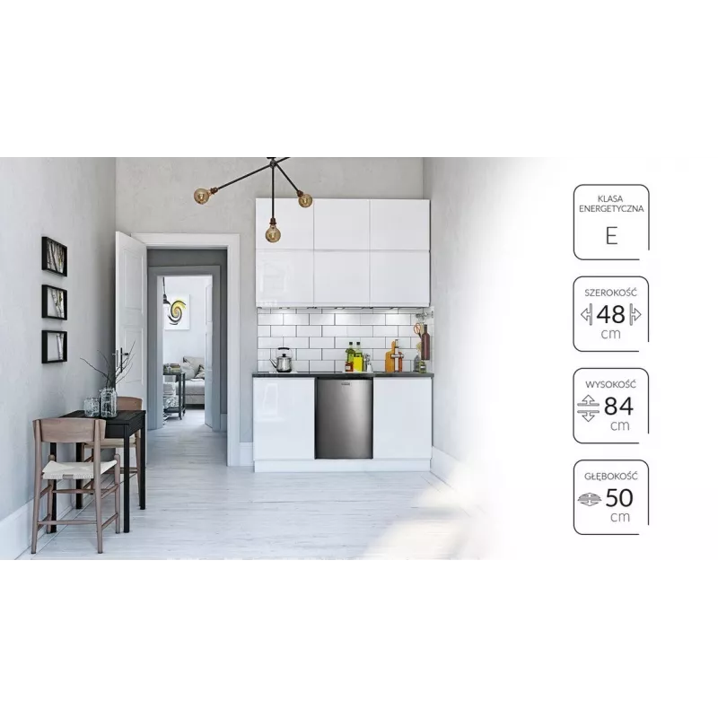 Frigorífico vertical MPM 112-CJ-16/AA — 82 L totais, 69 L de refrigeração, 11 L de congelação, cinzento, 480×500×840 mm, porta reversível, classe E