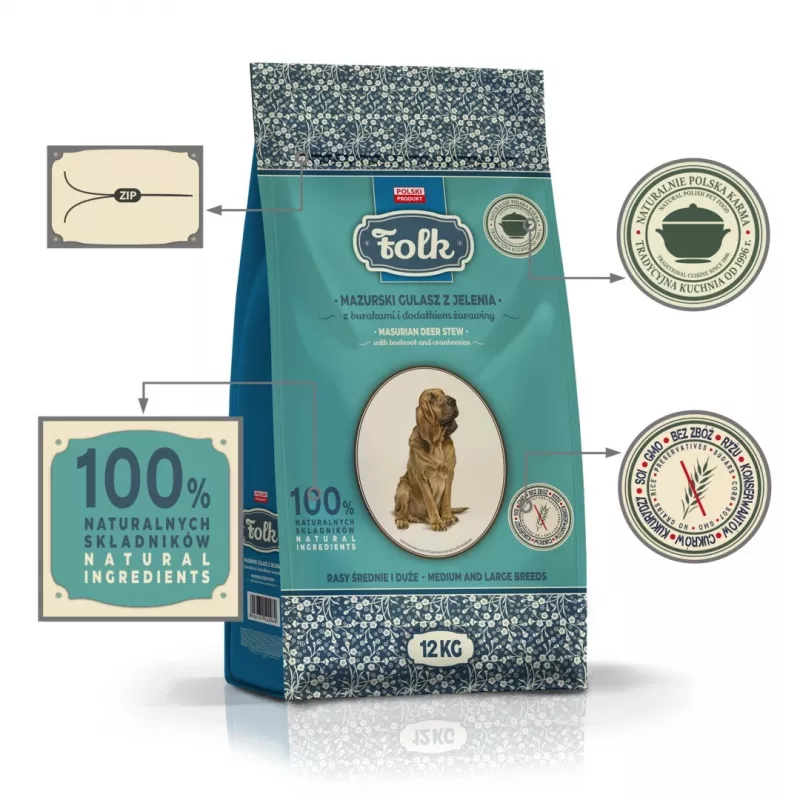 FOLK raças médias e grandes tradicional panela masúria de caça com beterraba e arandos - comida seca para cães - 12 kg