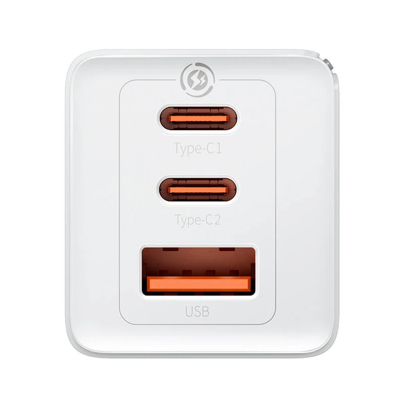 Carregador de parede Baseus GaN5 Pro 65W — USB + 2×USB-C (QC3.0, PD3.0) com cabo USB-C de 1m, branco