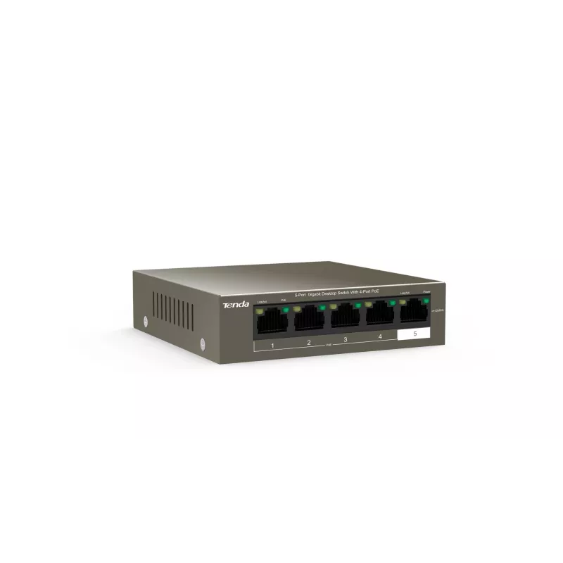 Switch de rede TENDA TEG1105P-4-63W-EU, 5x Gigabit RJ-45, 4x PoE (57,8 W no total), 10 Gbit/s switching