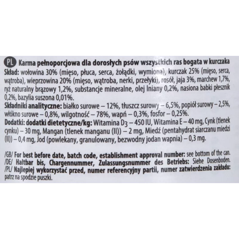 Alimento húmido para cães Dolina Noteci Premium Adult vaca frango porco 400 g, sem glúten, sem conservantes