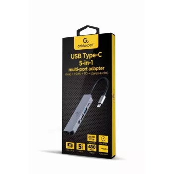Dock/replicador de portas para portátil Gembird A-CM-COMBO5-02 com fios USB 3.2 Gen 1 (3.1 Gen 1) Type-C prateado