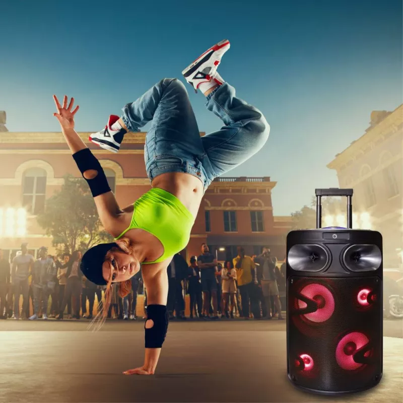 Altifalante de karaoke Bluetooth portátil MANTA SPK0803B140 140W, a pilhas, MIC/USB/microSD, FM, equalizador, rodas