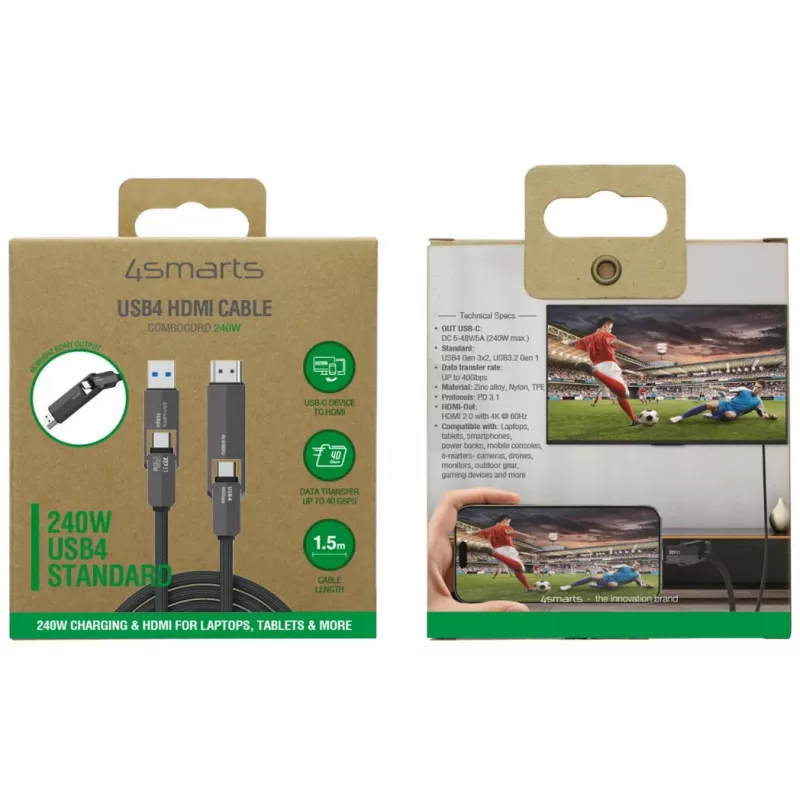 Cabo USB4 HDMI 4smarts ComboCord 240W 1,5 m – USB4 para HDMI, alimentação de 240W, comprimento de 1,5 m