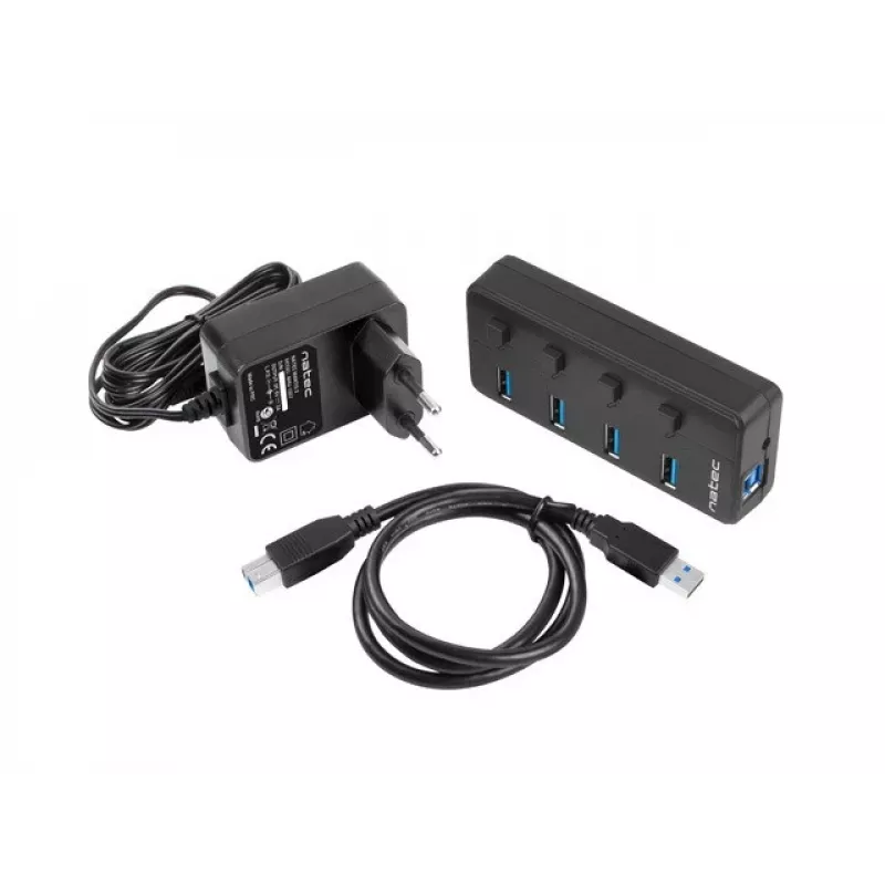 Natec Mantis 2 NHU-1557 hub USB 3.0 de 4 portas, entrada USB Type-B, interruptores ligar/desligar, adaptador de corrente, preto