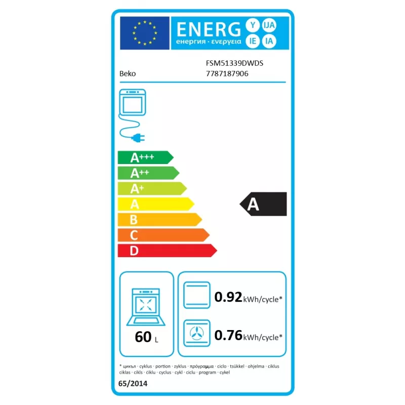 Placa de gás e forno elétrico BEKO FSM51339DWDS 50 cm, branco, classe energética A