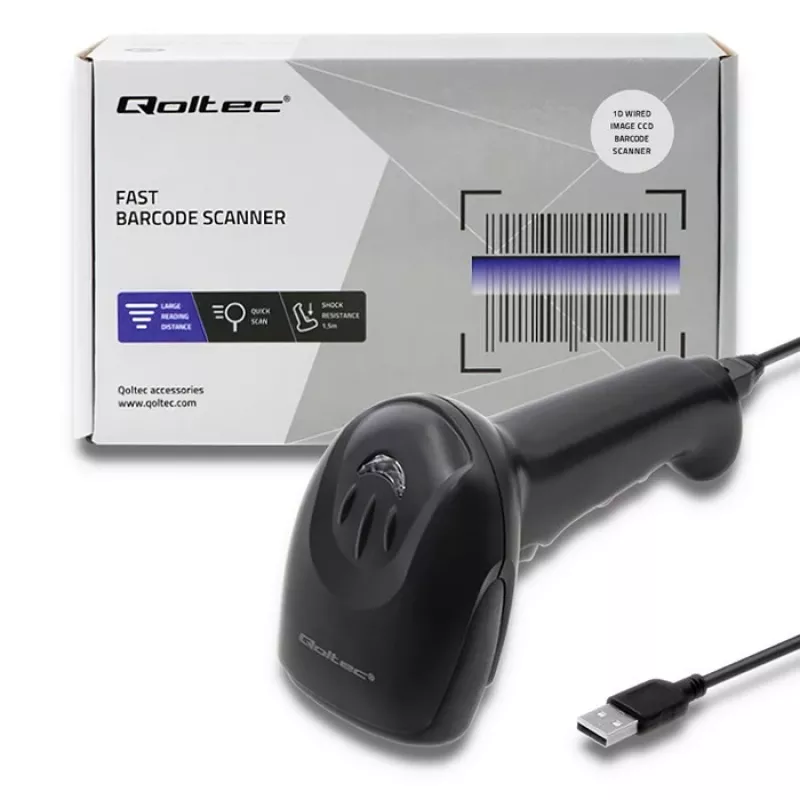Leitor laser de códigos de barras 1D CCD Qoltec 50866, USB, preto