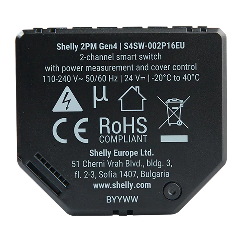 Atuador de estores/persianas Shelly 2PM Gen4 2 canais, AC 110–240V, 2,4 GHz Wi‑Fi, 1,4 W, 8000 KB Flash