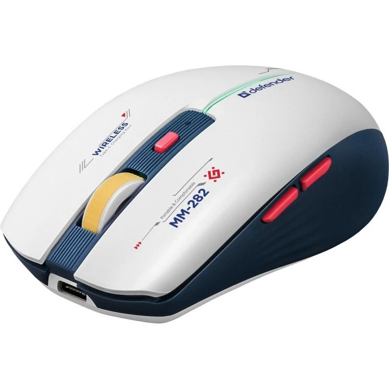 Rato gaming sem fios DEFENDER MM-282 RF — ambidestro, ótico 1800 DPI, 5 botões, USB, alimentado por pilhas