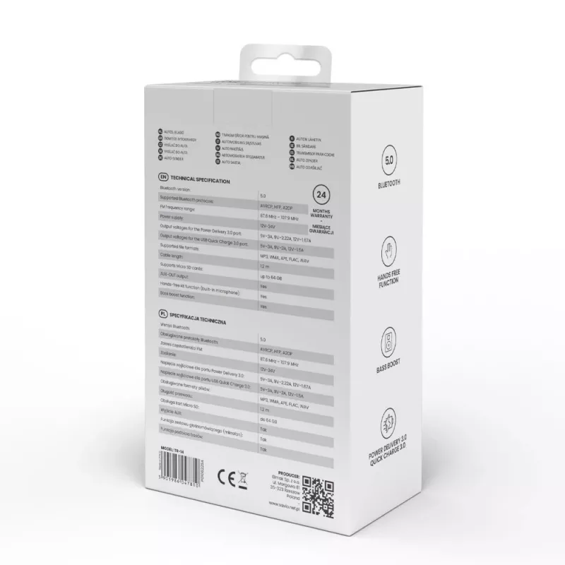 Transmissor FM SAVIO TR-14 Bluetooth USB, FM 87,6–107,9 MHz, MicroSD, USB-C, alimentação 12 V automóvel