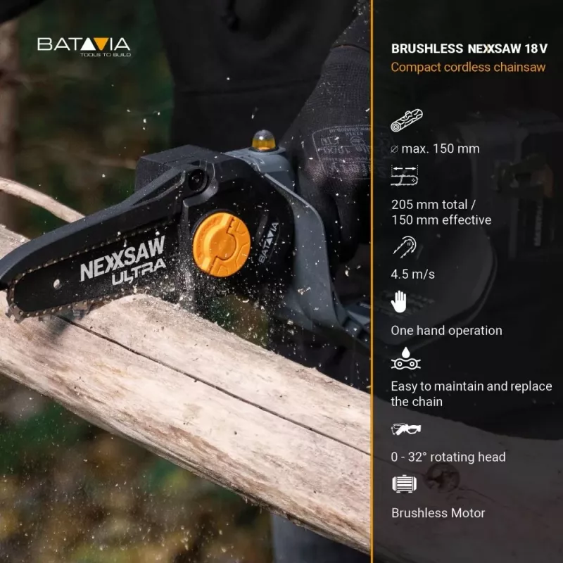 Batavia B.V. | Motosserra de mão sem escovas a bateria 18V Nexxsaw V3 Ultra, sem bateria e carregador | 17,78 cm | Motosserra