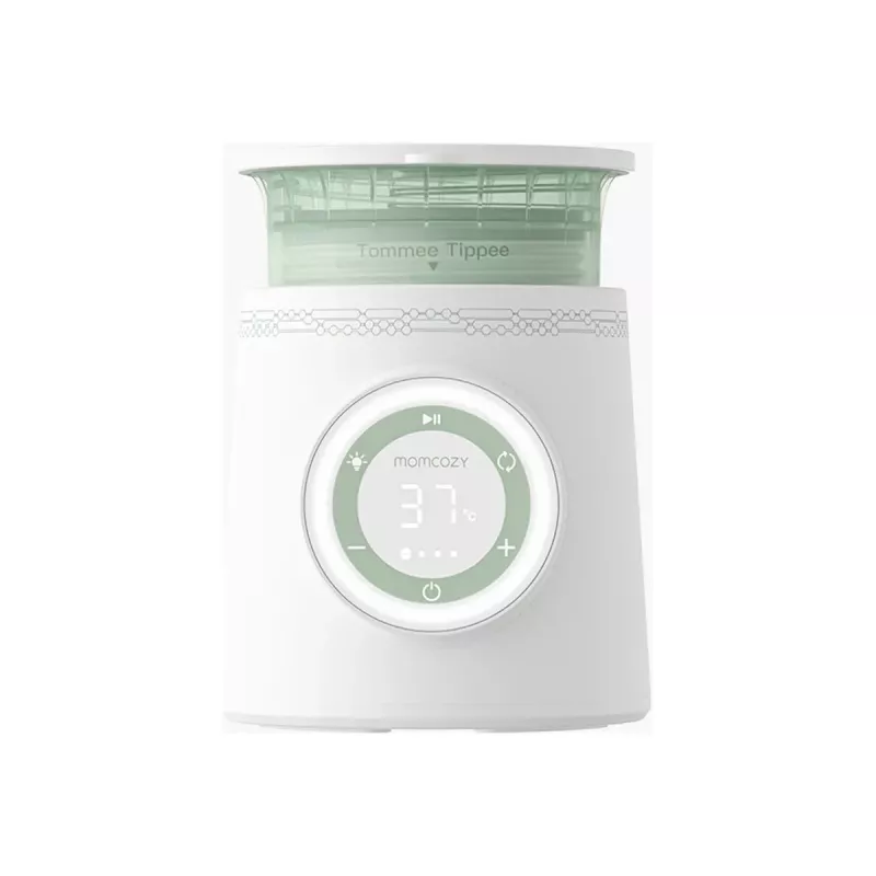 Aquecedor de biberões Momcozy MW003-WH12BA-A — bateria 80W, controlo tátil, verde/transparente/branco