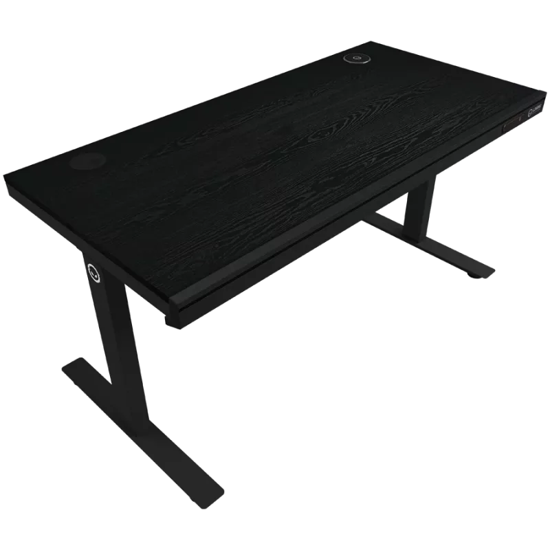 Secretária gaming de altura ajustável com motor duplo, carregador sem fios, iluminação RGB, painel de controlo e portas USB, tampo com superfície de melamina PB, preto