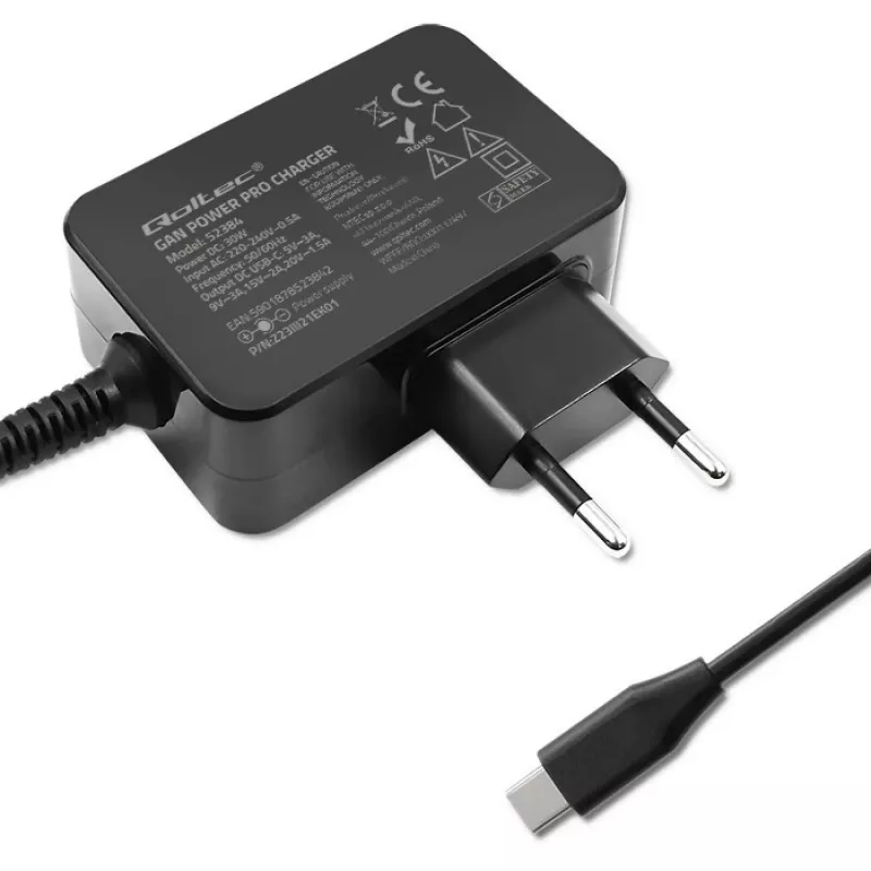 Fonte de alimentação QOLTEC 52384 GaN 30W saída 5–20V carregador USB