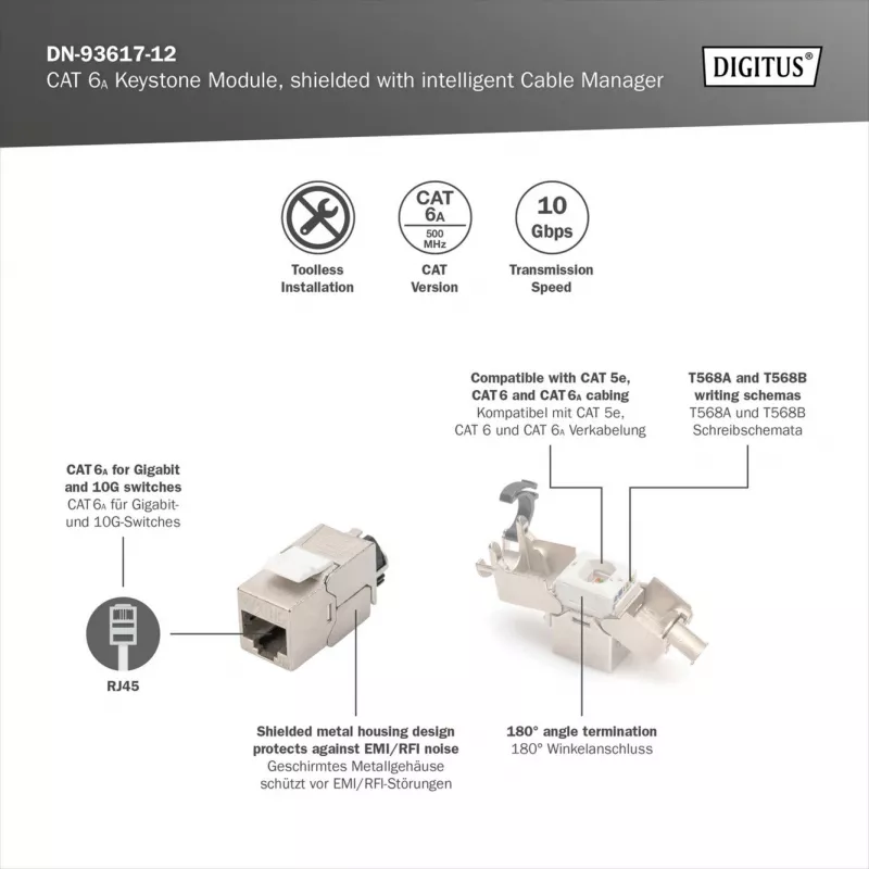 Digitus Módulo Keystone Cat.6A blindado com gestor de cabos inteligente, 12 pcs., prateado
