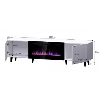 Móvel de TV Cama Meble PAFOS EF com lareira elétrica 180x42x49 cm, preto mate, 2 portas, 1400–1600 W